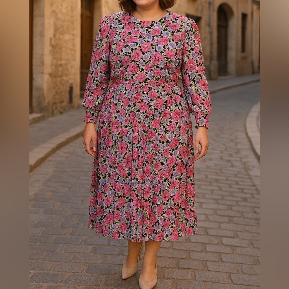 Vintage 80s 90s V.L.P Plus Floral Midi Dress 20 USA ILGWU Pleated Shoulder Pads